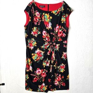 Jones New York Womens Dress Black W/ Rose Pattern Cap Sleeve Faux Wrap Size 18W